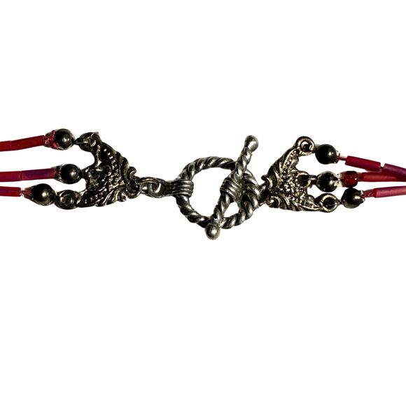 Multistrand Red Beaded Necklace Glass Toggle Clasp 3 Strand 18" Magenta Bugle - Picture 5 of 5